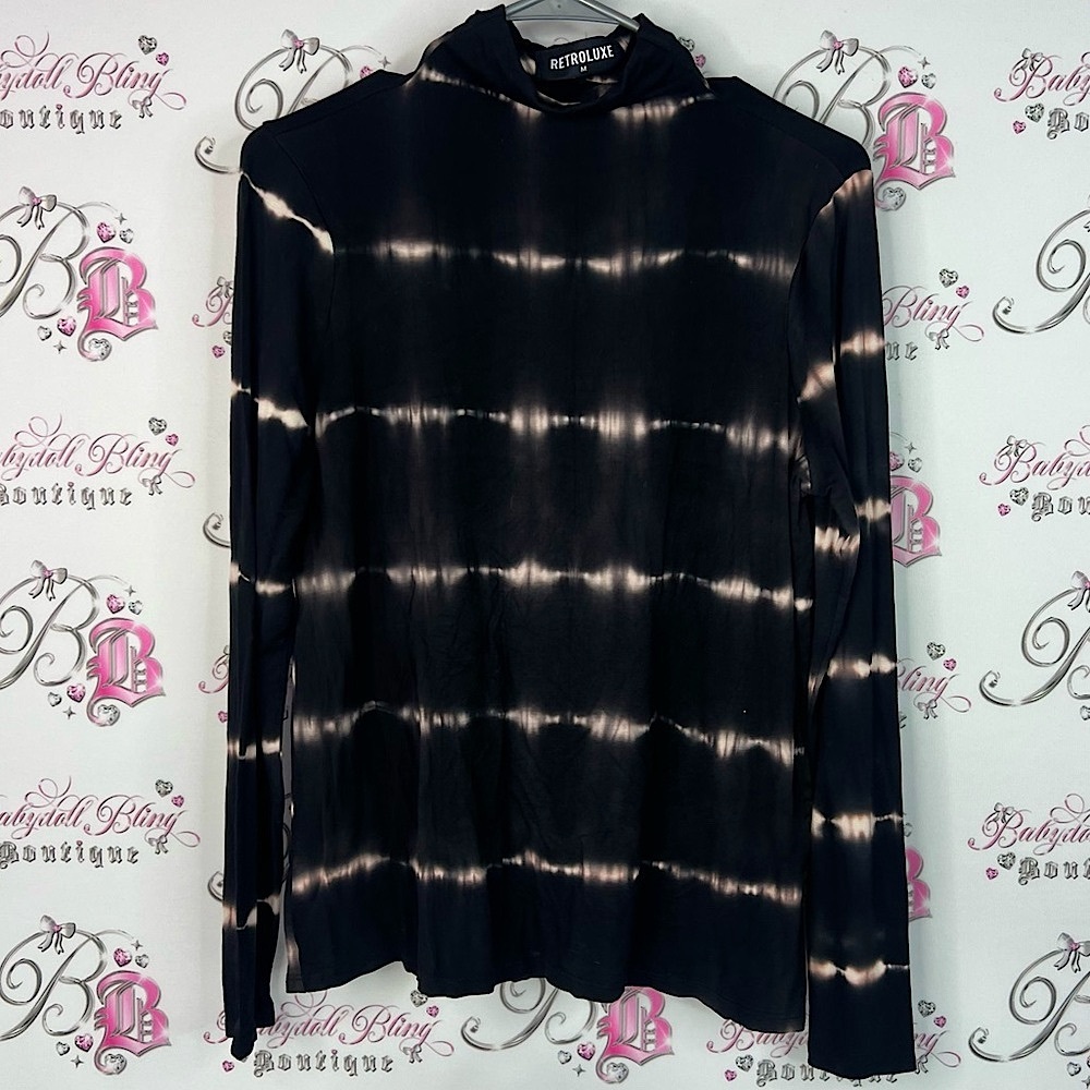 Retroluxe long sleeve turtleneck boho stretchy Black Tie-Dye Shirt